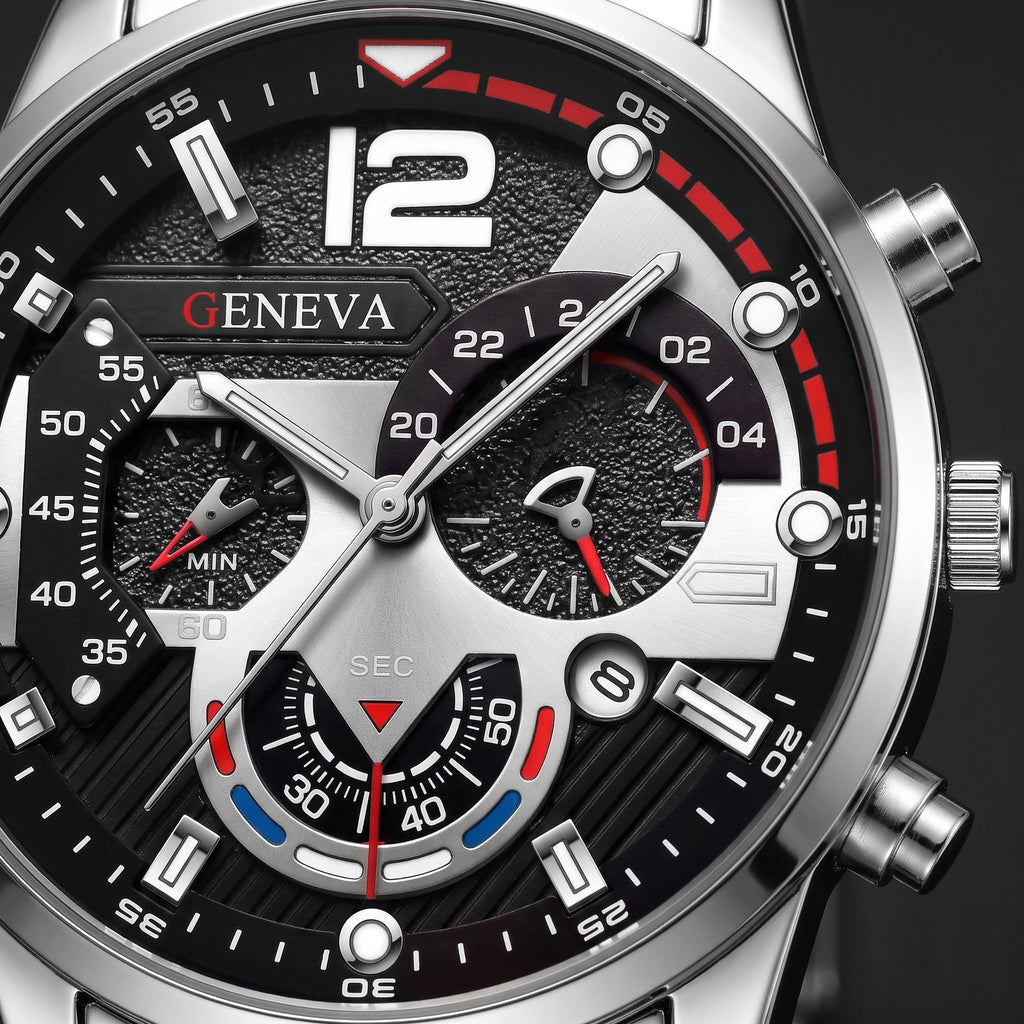 Makro detalj brojčanika Geneva Steel sa crveno plavim akcentima