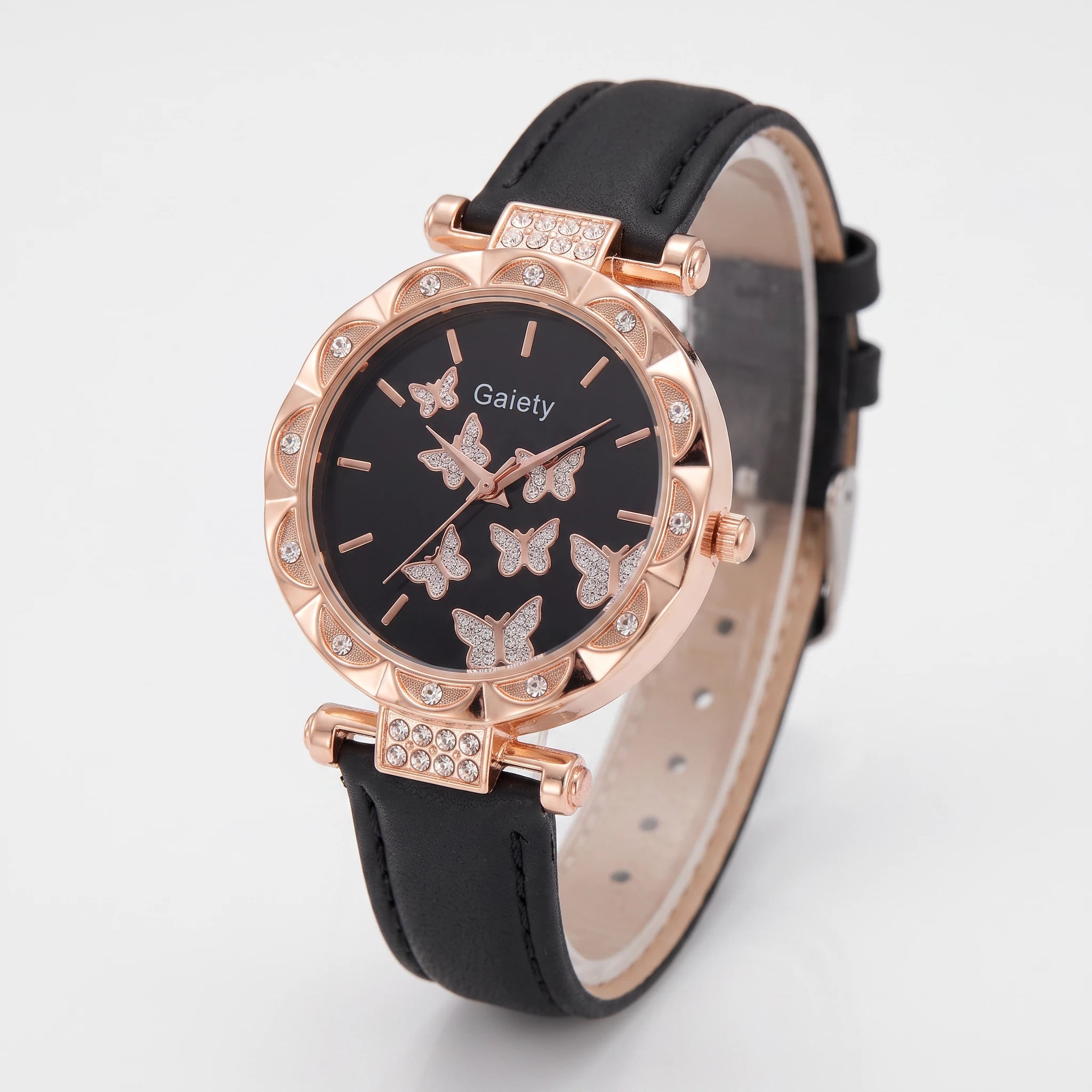 Ženski sat Gaiety Black Gold, rose gold kućište i crni brojčanik sa leptirima