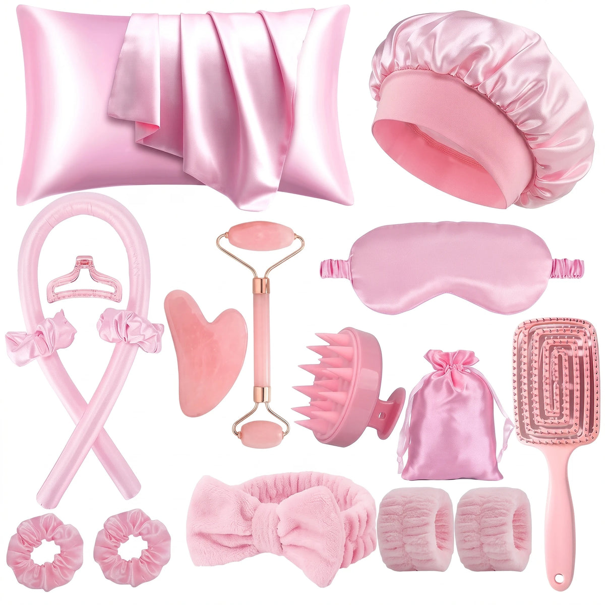 Roze set za negu lepote i kose 17u1 - jastucnica, kapa, uvijaci, valjak, gua sha, masazeri i pribor