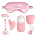 Roze set za negu lica 5u1 - valjak, gua sha, ice roller, satenska maska i cepici