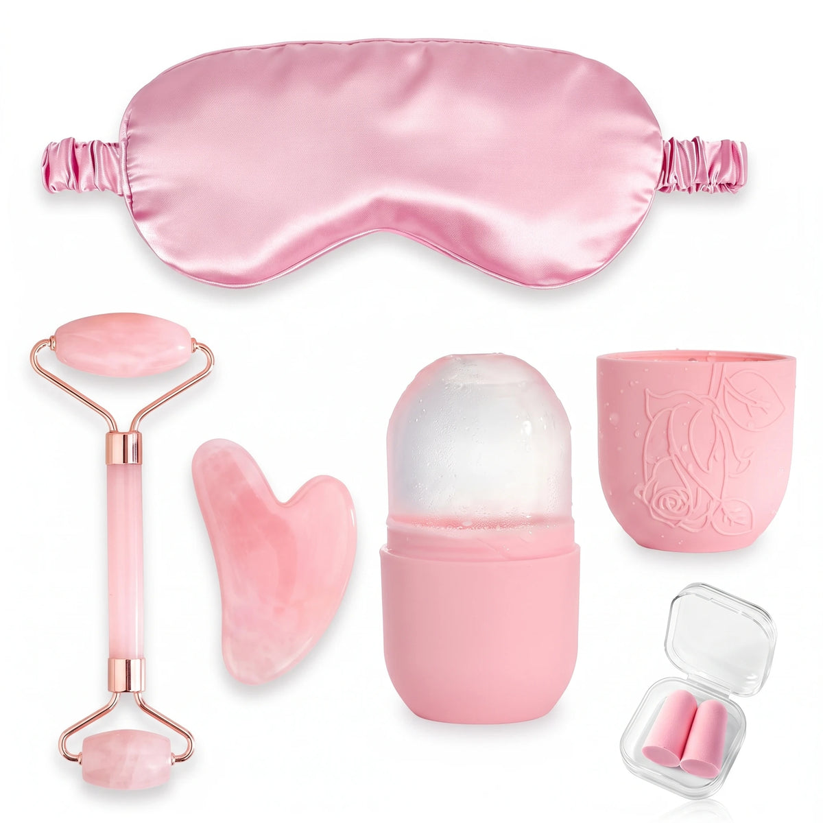 Roze set za negu lica 5u1 - valjak, gua sha, ice roller, satenska maska i cepici